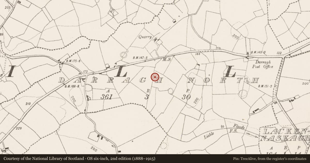 Ordnance Survey six-inch map, 2nd edition (1888–1915) covering the location of Fulacht fia, Darragh North, County Clare, with a pin at the register's coordinates