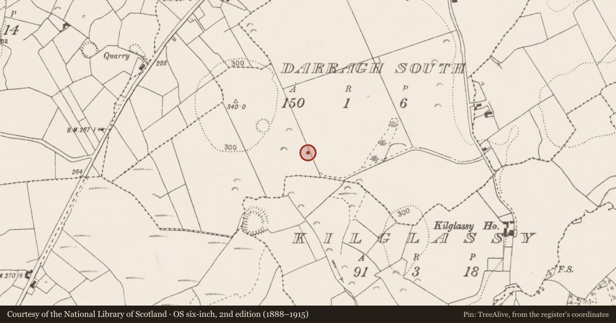 Ordnance Survey six-inch map, 2nd edition (1888–1915) covering the location of Burnt mound, Darragh South, County Clare, with a pin at the register's coordinates