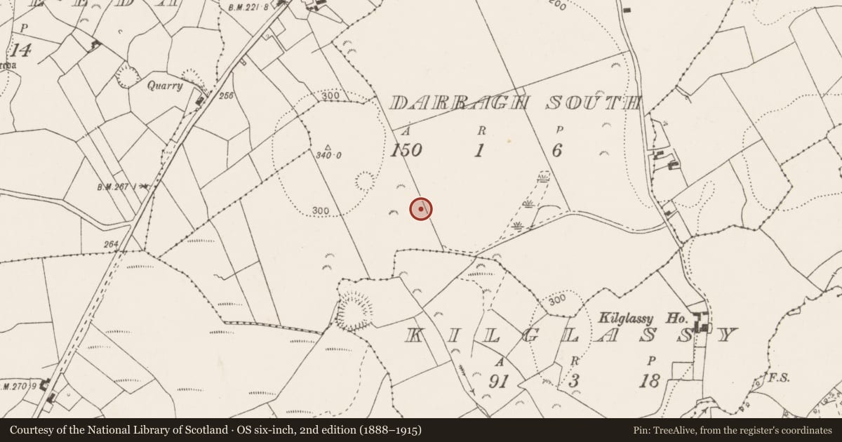 Ordnance Survey six-inch map, 2nd edition (1888–1915) covering the location of Burnt mound, Darragh South, County Clare, with a pin at the register's coordinates