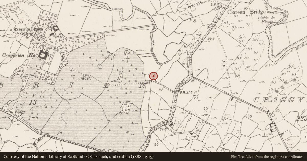 Ordnance Survey six-inch map, 2nd edition (1888–1915) covering the location of Burnt mound, Cragbrien, County Clare, with a pin at the register's coordinates