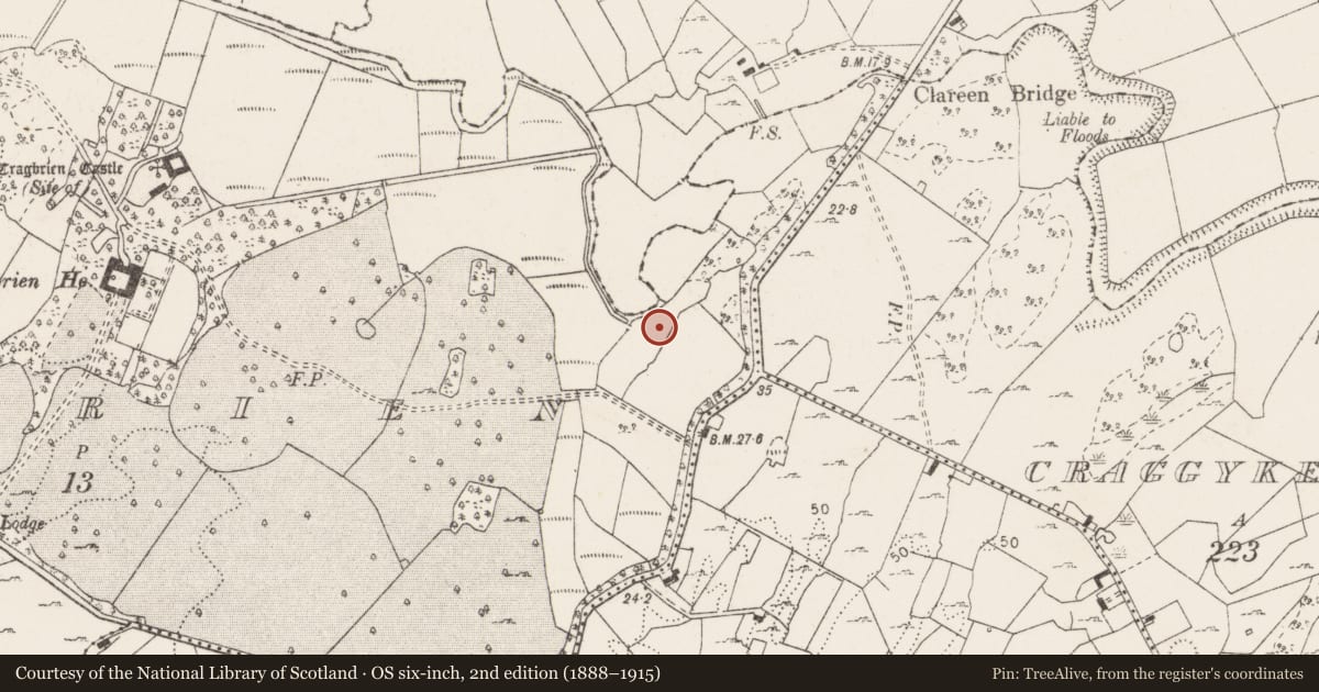 Ordnance Survey six-inch map, 2nd edition (1888–1915) covering the location of Burnt mound, Cragbrien, County Clare, with a pin at the register's coordinates