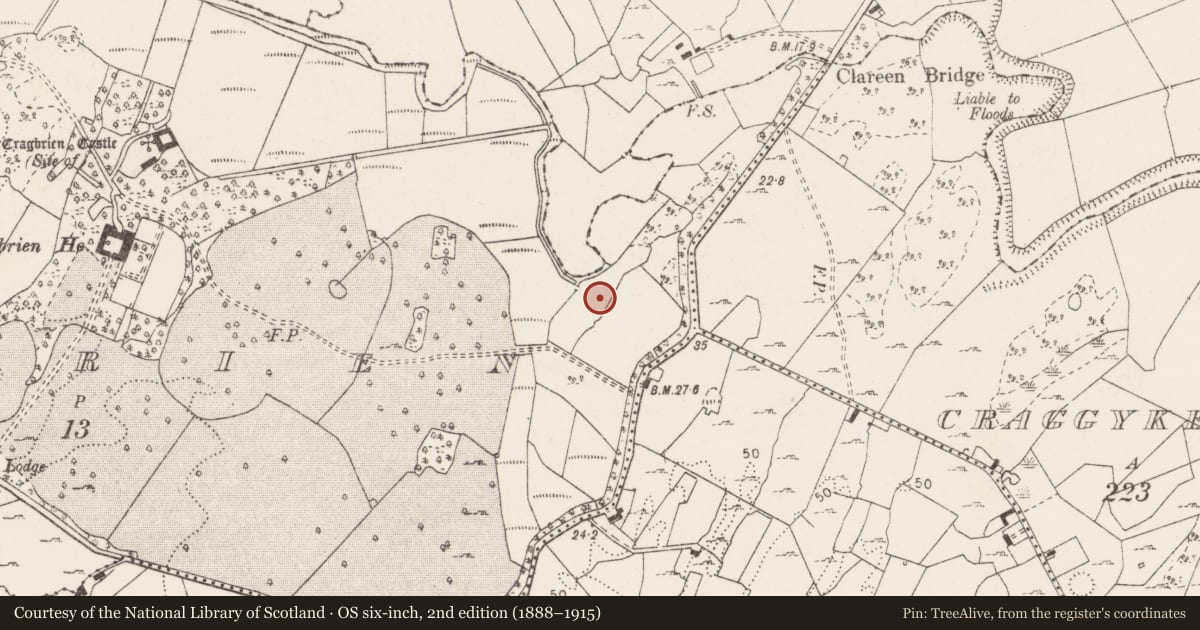 Ordnance Survey six-inch map, 2nd edition (1888–1915) covering the location of Burnt mound, Cragbrien, County Clare, with a pin at the register's coordinates
