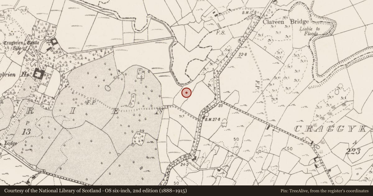 Ordnance Survey six-inch map, 2nd edition (1888–1915) covering the location of Burnt mound, Cragbrien, County Clare, with a pin at the register's coordinates