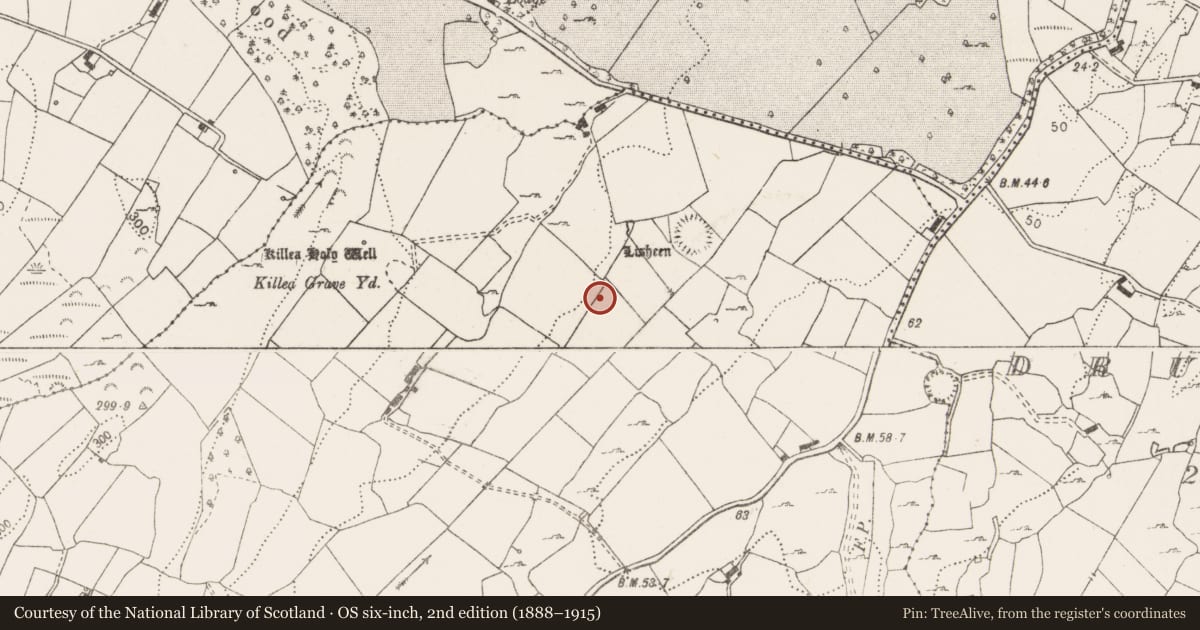 Ordnance Survey six-inch map, 2nd edition (1888–1915) covering the location of Burnt mound, Lisheen, County Clare, with a pin at the register's coordinates