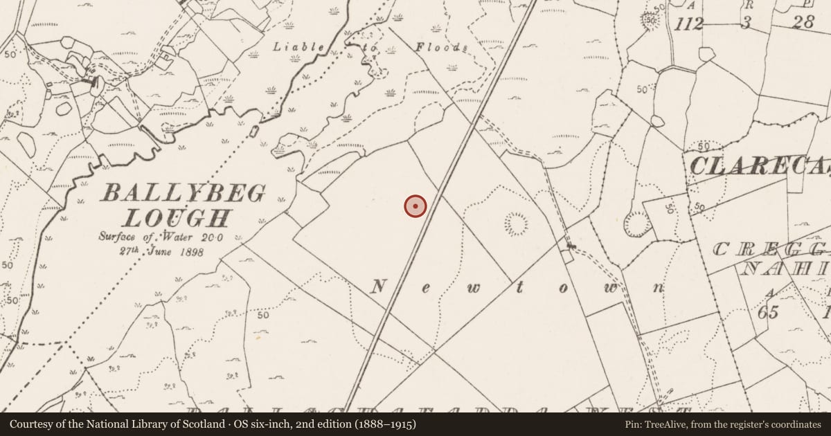 Ordnance Survey six-inch map, 2nd edition (1888–1915) covering the location of Enclosure, Ballaghafadda West, County Clare, with a pin at the register's coordinates