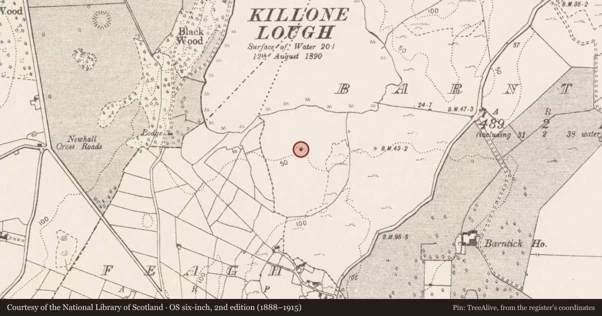 Ordnance Survey six-inch map, 2nd edition (1888–1915) covering the location of Enclosure, Barntick, County Clare, with a pin at the register's coordinates