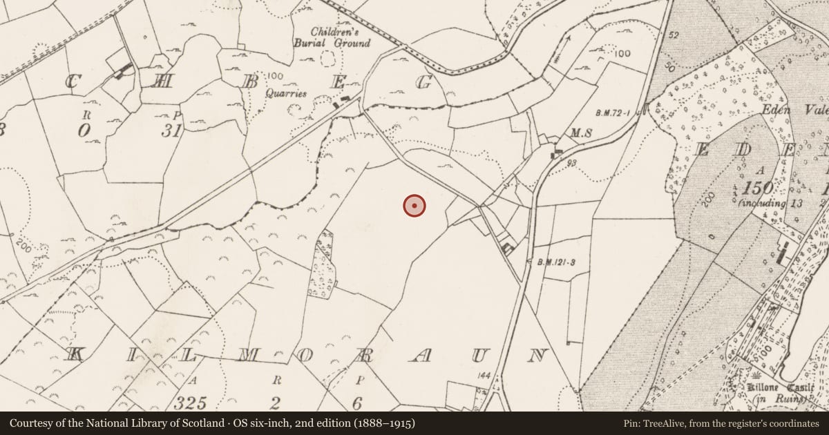 Ordnance Survey six-inch map, 2nd edition (1888–1915) covering the location of Enclosure, Kilmoraun, County Clare, with a pin at the register's coordinates