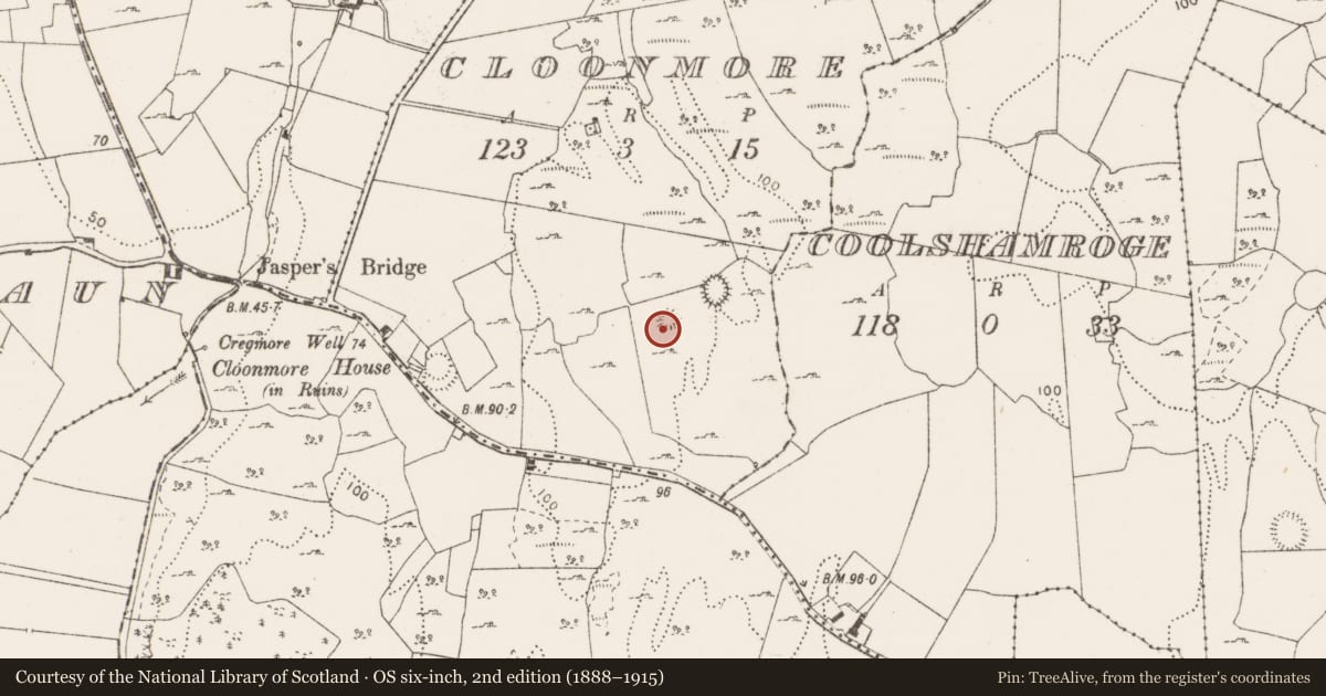 Ordnance Survey six-inch map, 2nd edition (1888–1915) covering the location of Enclosure, Cloonmore, County Clare, with a pin at the register's coordinates