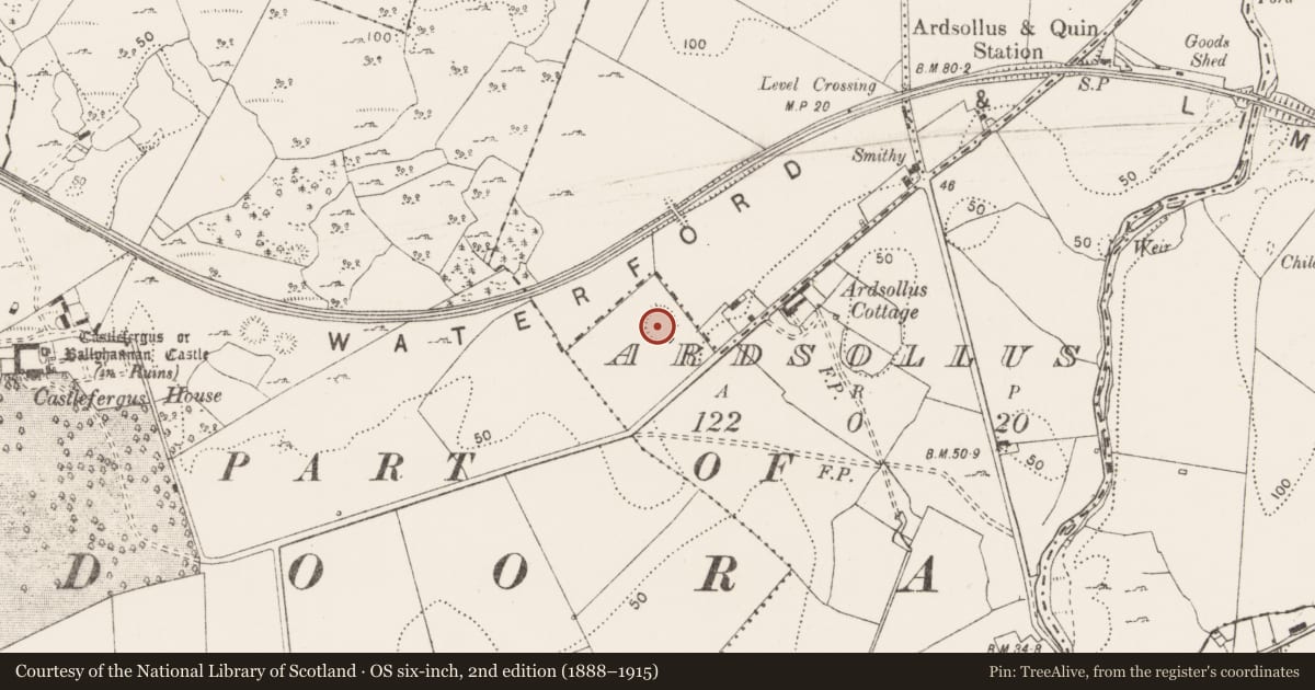 Ordnance Survey six-inch map, 2nd edition (1888–1915) covering the location of Ringfort - rath, Ardsollus, County Clare, with a pin at the register's coordinates