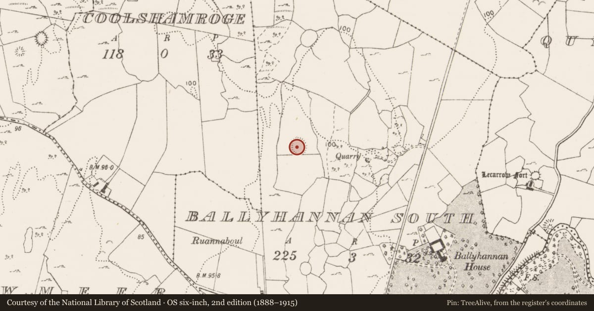 Ordnance Survey six-inch map, 2nd edition (1888–1915) covering the location of Enclosure, Ballyhannan South, County Clare, with a pin at the register's coordinates