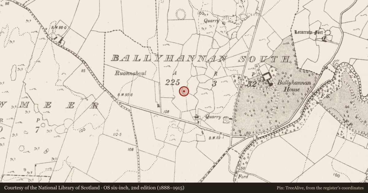 Ordnance Survey six-inch map, 2nd edition (1888–1915) covering the location of Ringfort - cashel, Ballyhannan South, County Clare, with a pin at the register's coordinates