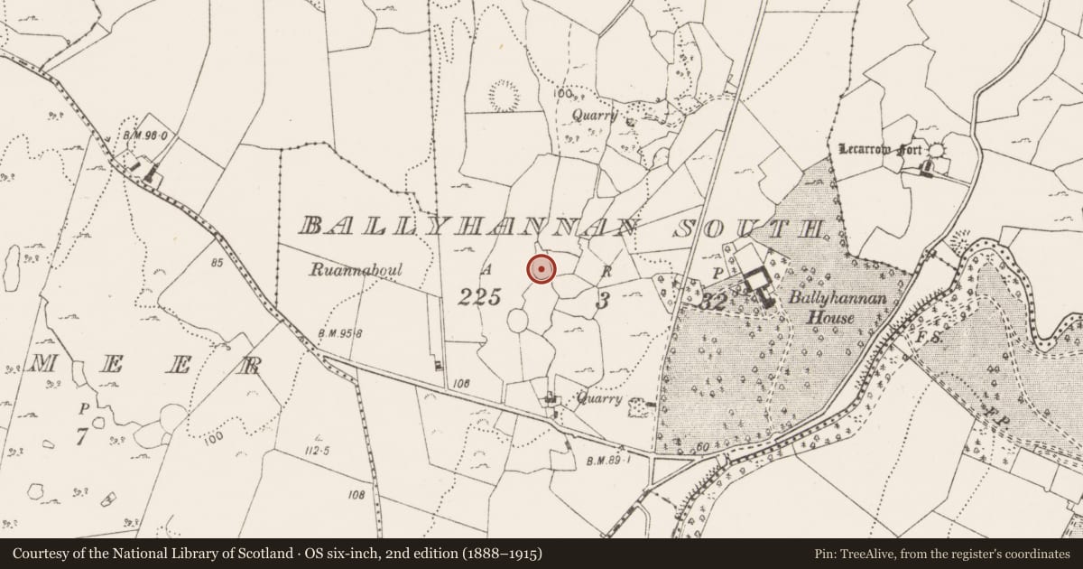 Ordnance Survey six-inch map, 2nd edition (1888–1915) covering the location of Enclosure, Ballyhannan South, County Clare, with a pin at the register's coordinates