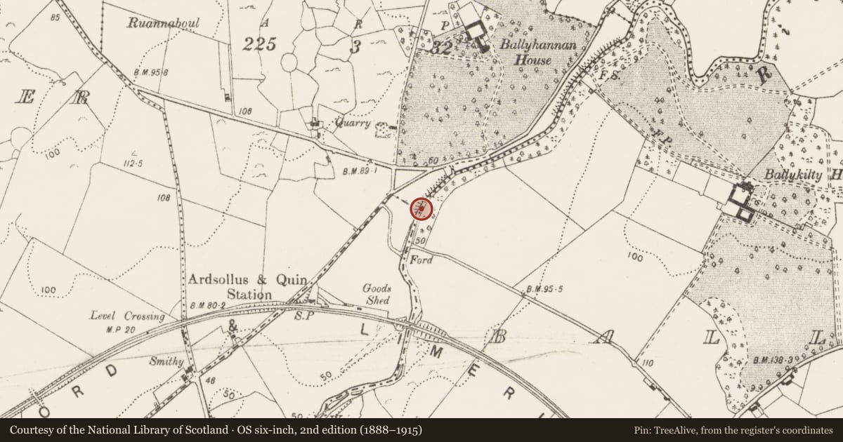 Ordnance Survey six-inch map, 2nd edition (1888–1915) covering the location of Water mill - unclassified, Ballykilty, County Clare, with a pin at the register's coordinates