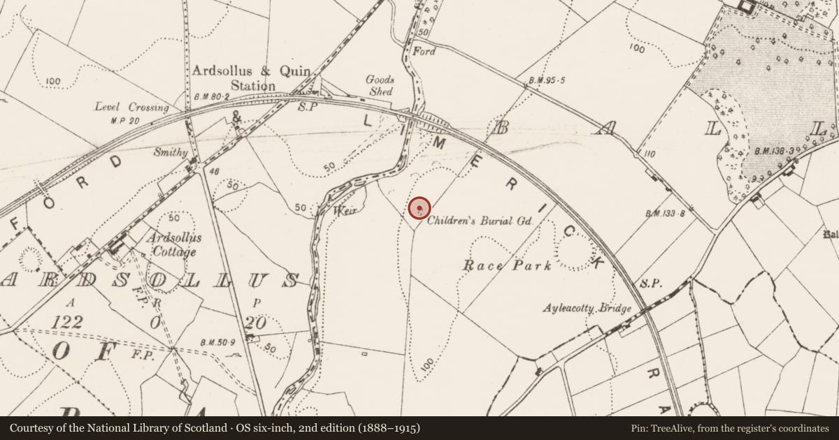 Ordnance Survey six-inch map, 2nd edition (1888–1915) covering the location of Children's burial ground, Ballykilty, County Clare, with a pin at the register's coordinates