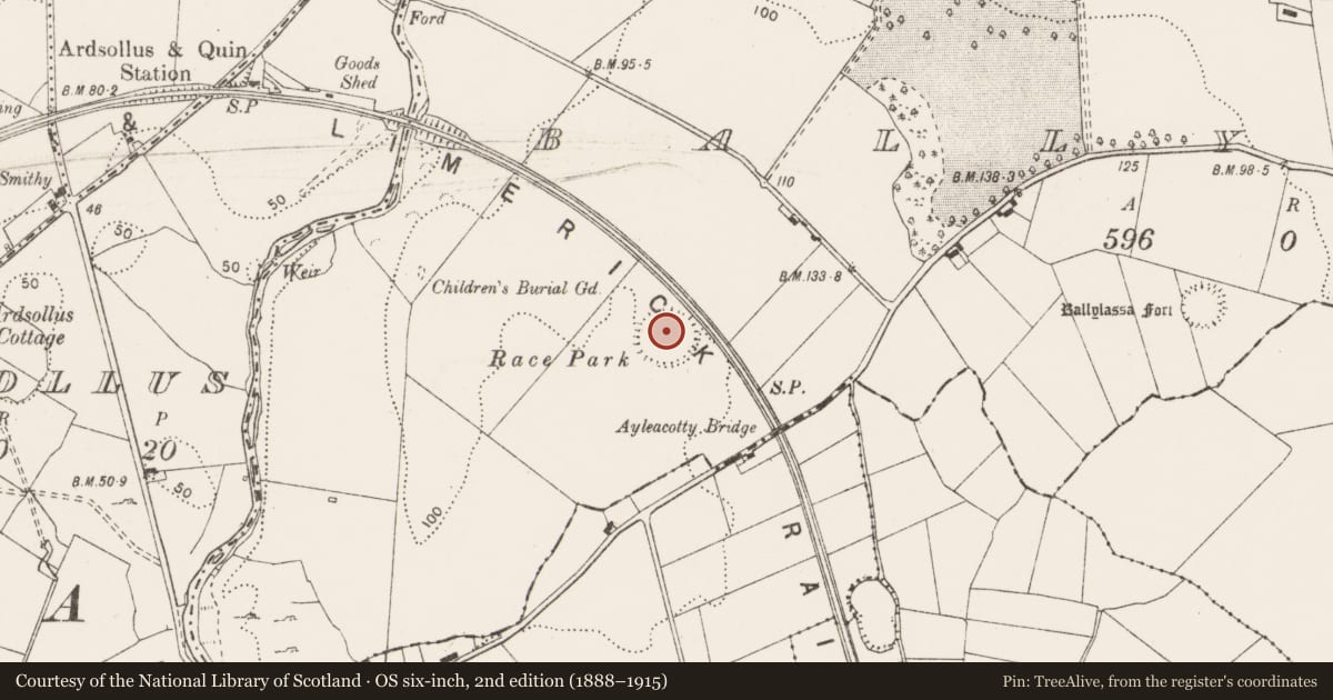 Ordnance Survey six-inch map, 2nd edition (1888–1915) covering the location of Ceremonial enclosure, Ballykilty, County Clare, with a pin at the register's coordinates