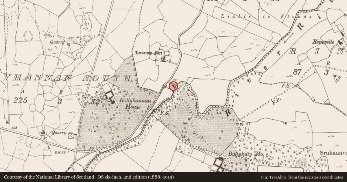 Ordnance Survey six-inch map, 2nd edition (1888–1915) covering the location of Fulacht fia, Quingardens, County Clare, with a pin at the register's coordinates