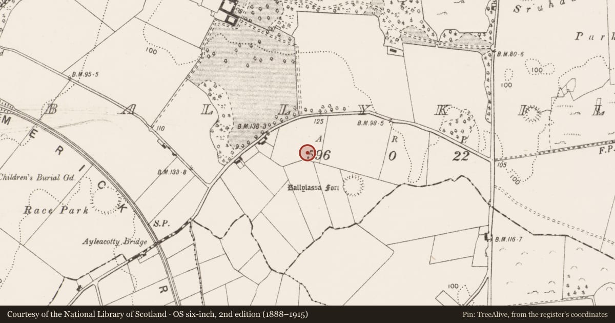 Ordnance Survey six-inch map, 2nd edition (1888–1915) covering the location of Enclosure, Ballykilty, County Clare, with a pin at the register's coordinates