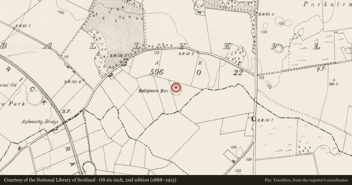 Ordnance Survey six-inch map, 2nd edition (1888–1915) covering the location of Enclosure, Ballykilty, County Clare, with a pin at the register's coordinates
