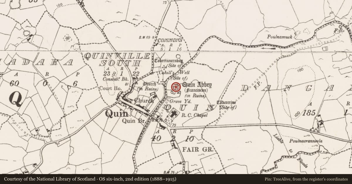 Ordnance Survey six-inch map, 2nd edition (1888–1915) covering the location of Castle - Anglo-Norman masonry castle, Quin, County Clare, with a pin at the register's coordinates