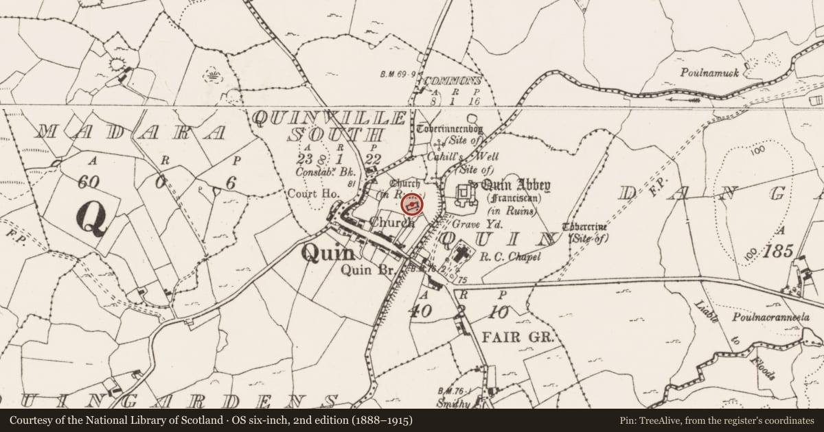 Ordnance Survey six-inch map, 2nd edition (1888–1915) covering the location of Church, Quingardens, County Clare, with a pin at the register's coordinates