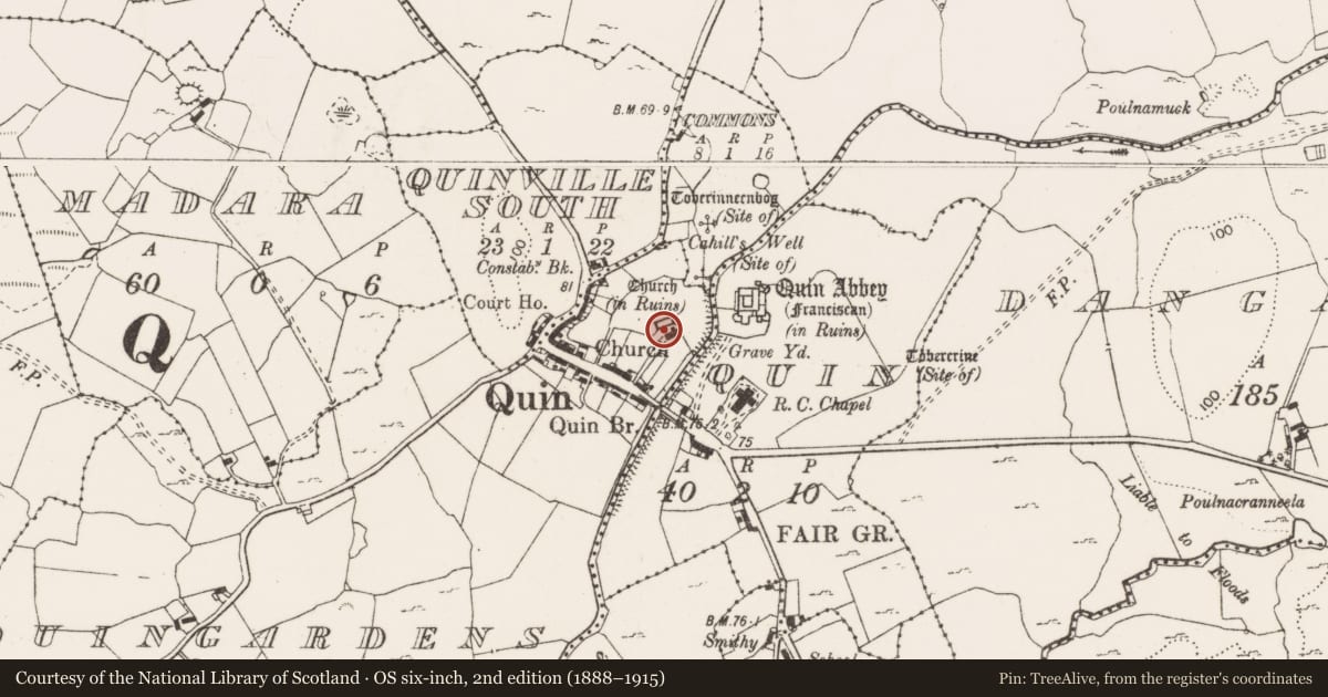 Ordnance Survey six-inch map, 2nd edition (1888–1915) covering the location of Graveyard, Quingardens, County Clare, with a pin at the register's coordinates