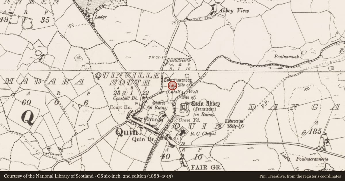 Ordnance Survey six-inch map, 2nd edition (1888–1915) covering the location of Ritual site - holy well, Commons, County Clare, with a pin at the register's coordinates