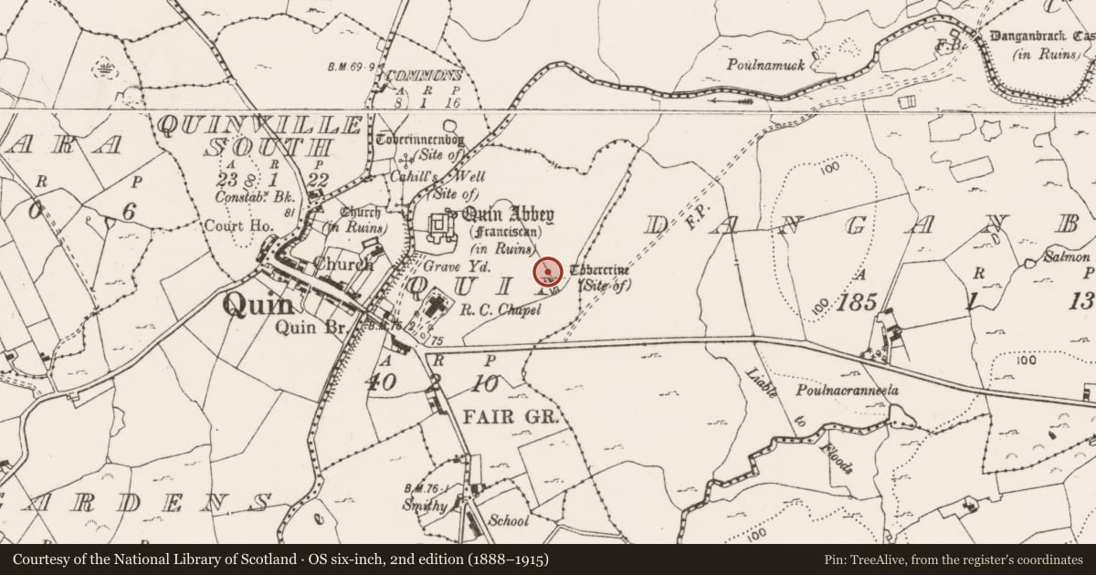 Ordnance Survey six-inch map, 2nd edition (1888–1915) covering the location of Ritual site - holy well, Quin, County Clare, with a pin at the register's coordinates