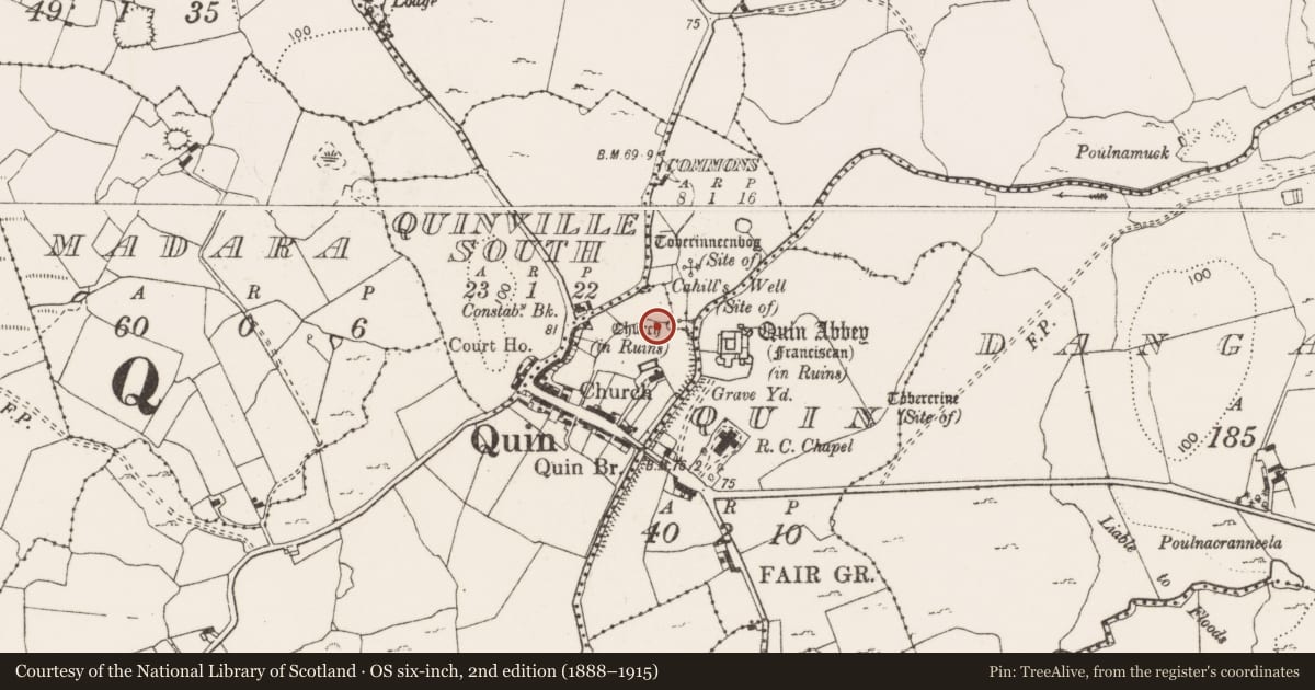 Ordnance Survey six-inch map, 2nd edition (1888–1915) covering the location of Ecclesiastical enclosure, Quingardens, Commons, County Clare, with a pin at the register's coordinates
