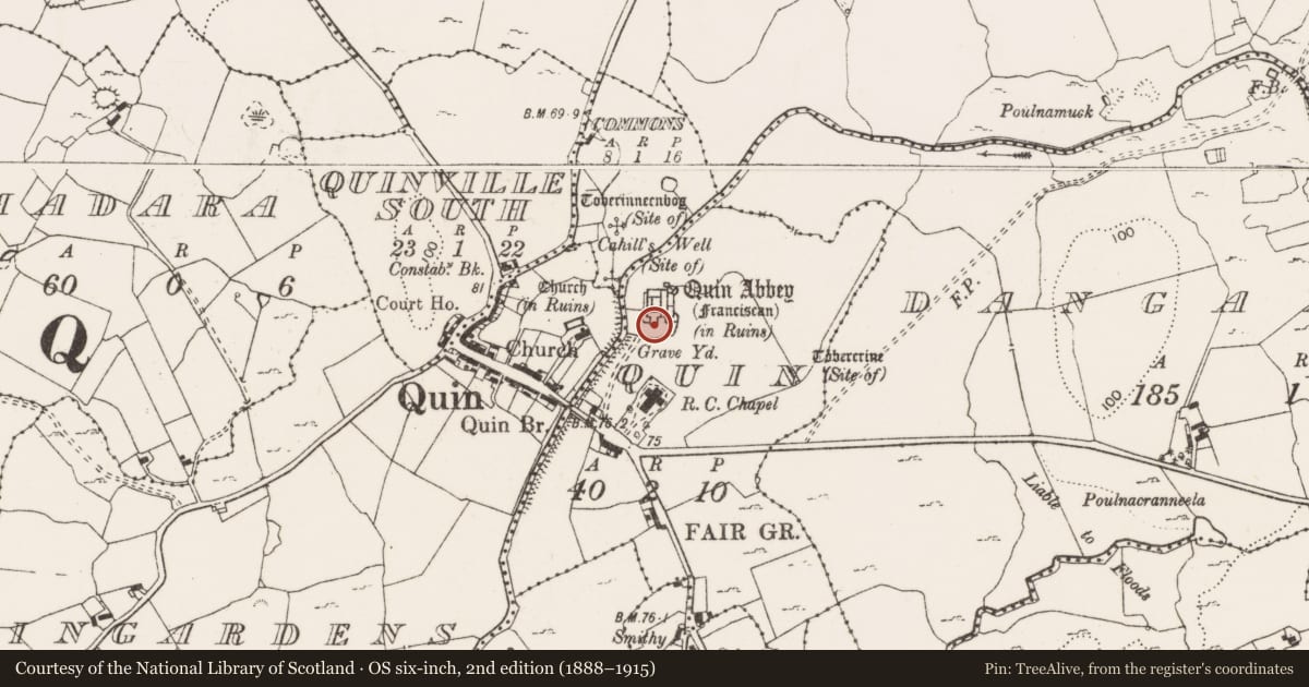 Ordnance Survey six-inch map, 2nd edition (1888–1915) covering the location of Graveyard, Quin, County Clare, with a pin at the register's coordinates