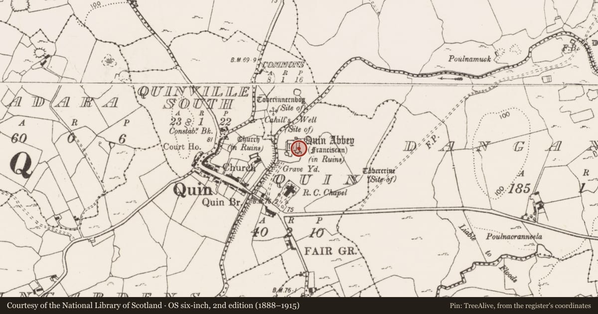Ordnance Survey six-inch map, 2nd edition (1888–1915) covering the location of Wall monument, Quin, County Clare, with a pin at the register's coordinates