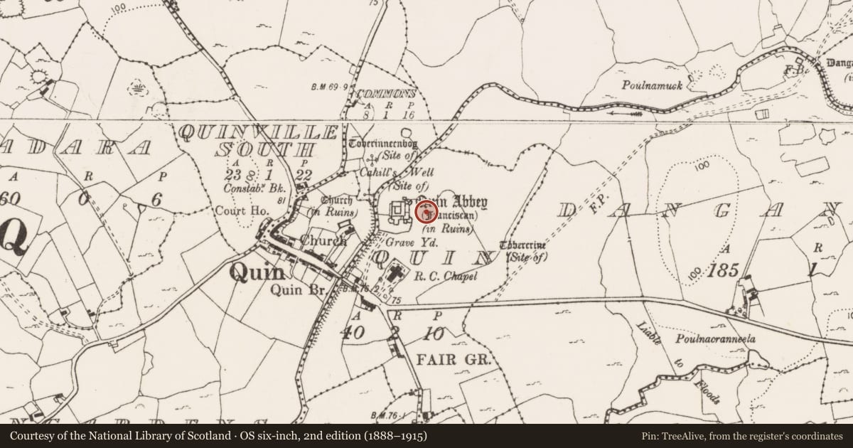 Ordnance Survey six-inch map, 2nd edition (1888–1915) covering the location of School, Quin, County Clare, with a pin at the register's coordinates