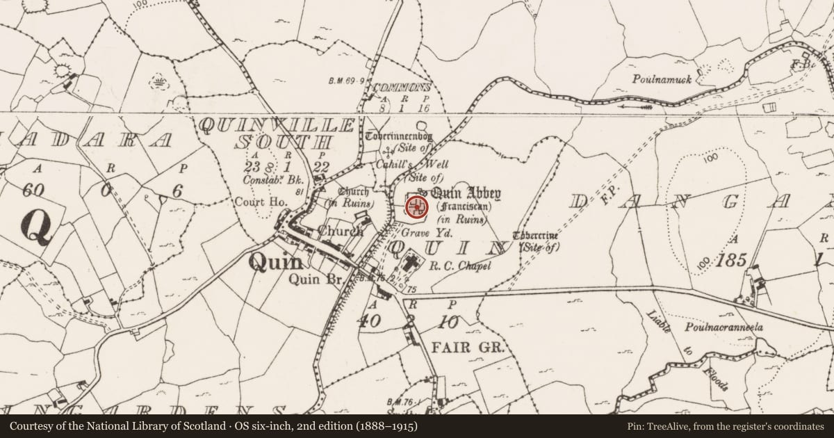 Ordnance Survey six-inch map, 2nd edition (1888–1915) covering the location of Graveslab, Quin, County Clare, with a pin at the register's coordinates