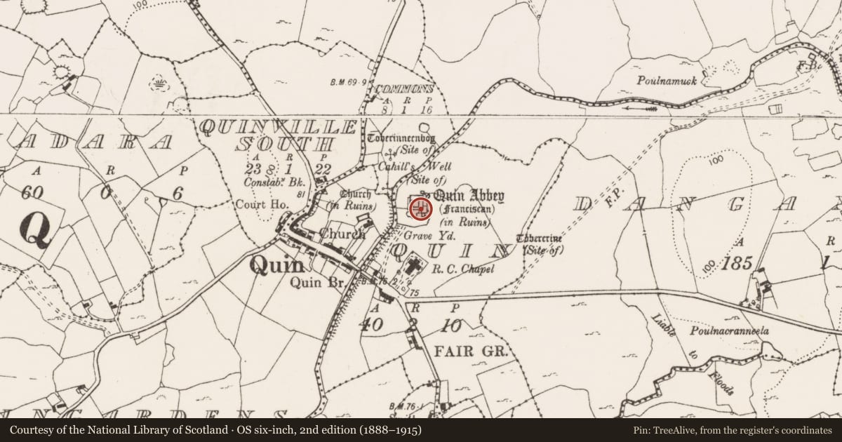 Ordnance Survey six-inch map, 2nd edition (1888–1915) covering the location of Graveslab, Quin, County Clare, with a pin at the register's coordinates