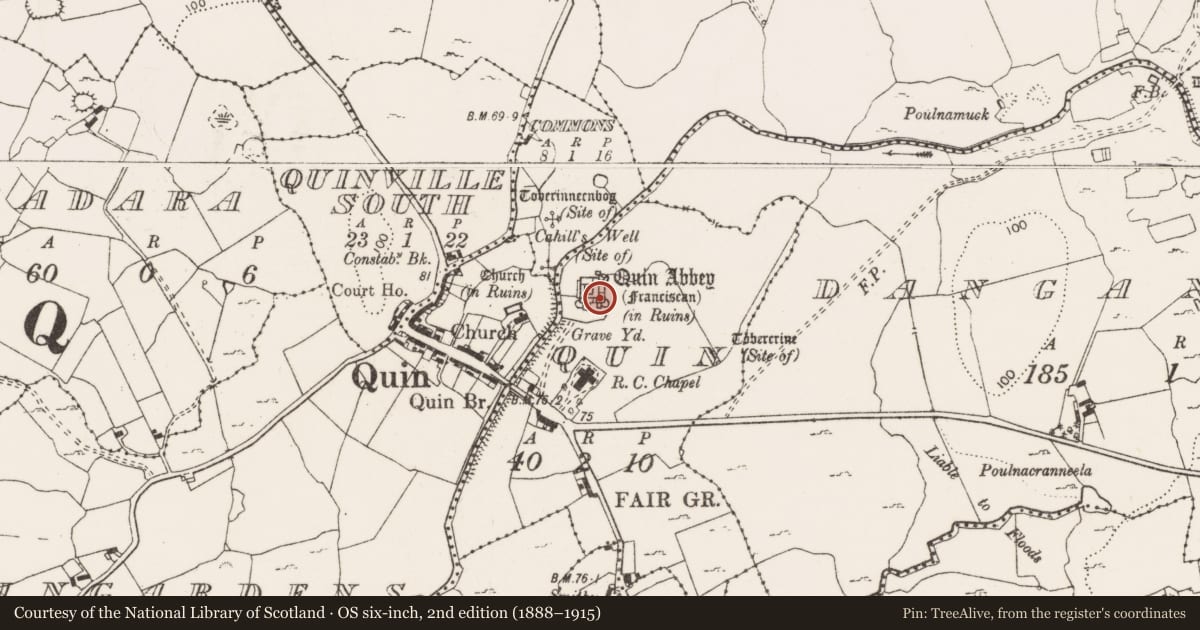 Ordnance Survey six-inch map, 2nd edition (1888–1915) covering the location of Graveslab, Quin, County Clare, with a pin at the register's coordinates