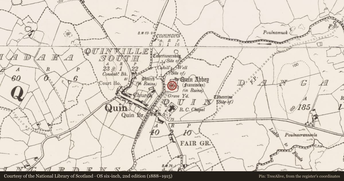 Ordnance Survey six-inch map, 2nd edition (1888–1915) covering the location of Graveslab, Quin, County Clare, with a pin at the register's coordinates