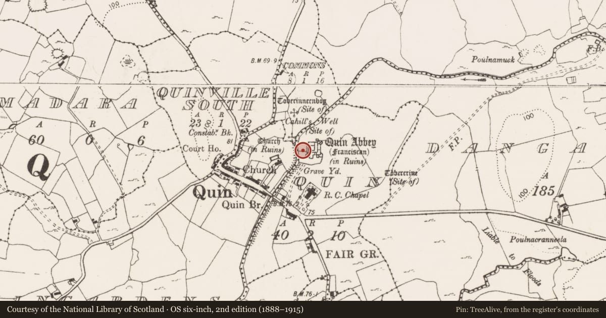 Ordnance Survey six-inch map, 2nd edition (1888–1915) covering the location of House - 17th century, Quin, County Clare, with a pin at the register's coordinates