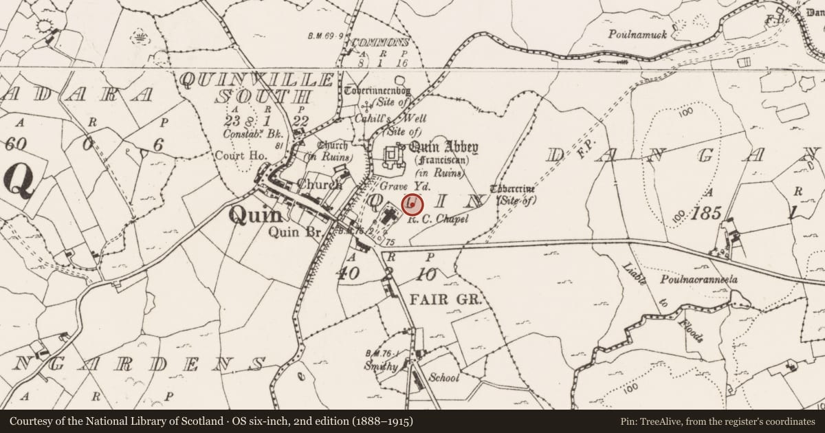 Ordnance Survey six-inch map, 2nd edition (1888–1915) covering the location of House - medieval, Quin, County Clare, with a pin at the register's coordinates
