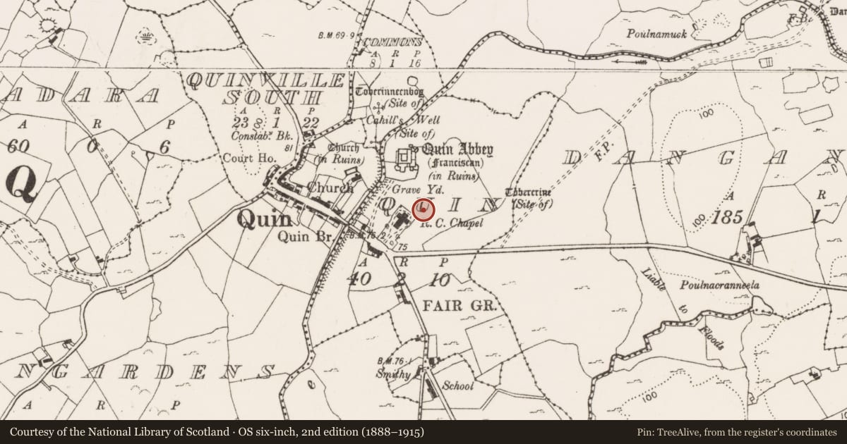 Ordnance Survey six-inch map, 2nd edition (1888–1915) covering the location of Road - road/trackway, Quin, County Clare, with a pin at the register's coordinates