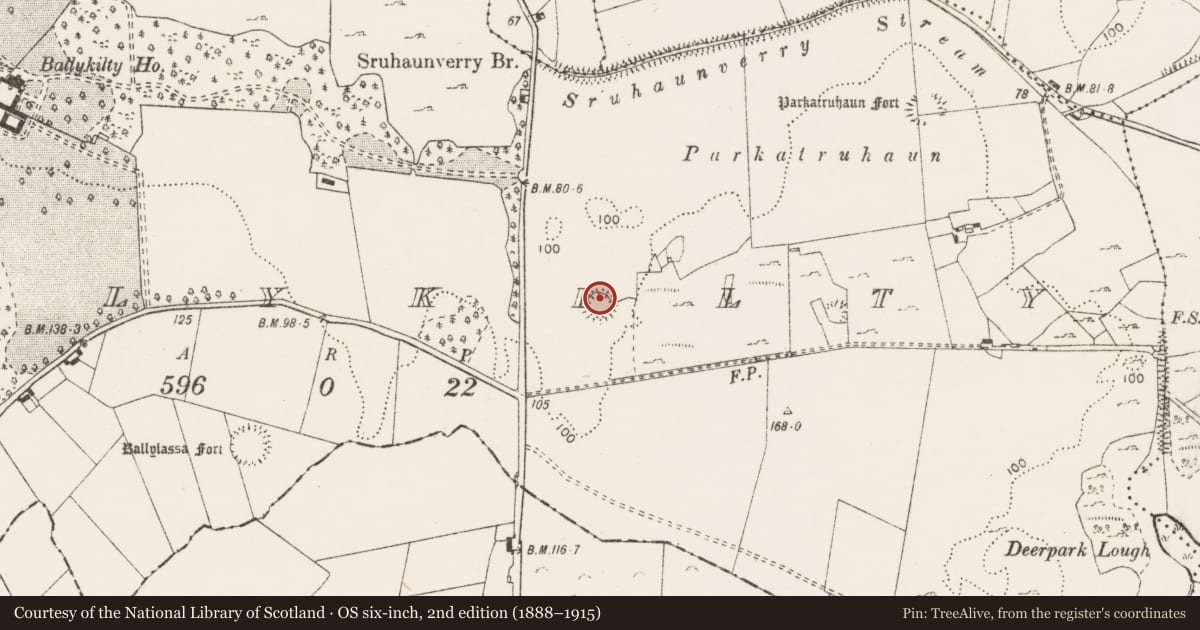 Ordnance Survey six-inch map, 2nd edition (1888–1915) covering the location of Enclosure, Ballykilty, County Clare, with a pin at the register's coordinates