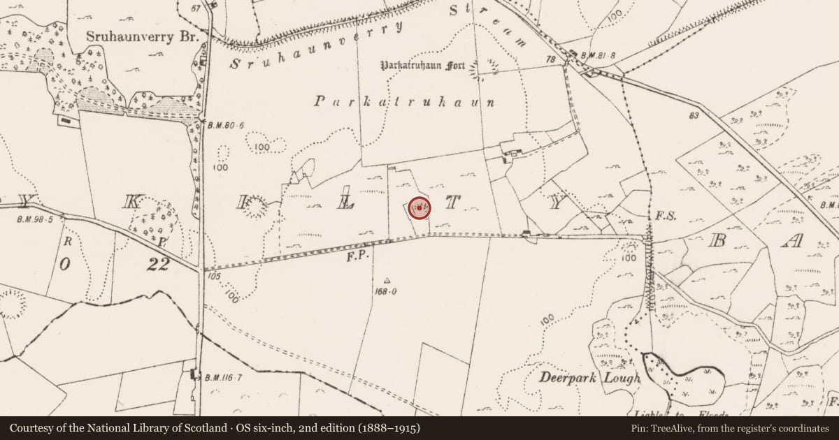 Ordnance Survey six-inch map, 2nd edition (1888–1915) covering the location of Enclosure, Ballykilty, County Clare, with a pin at the register's coordinates