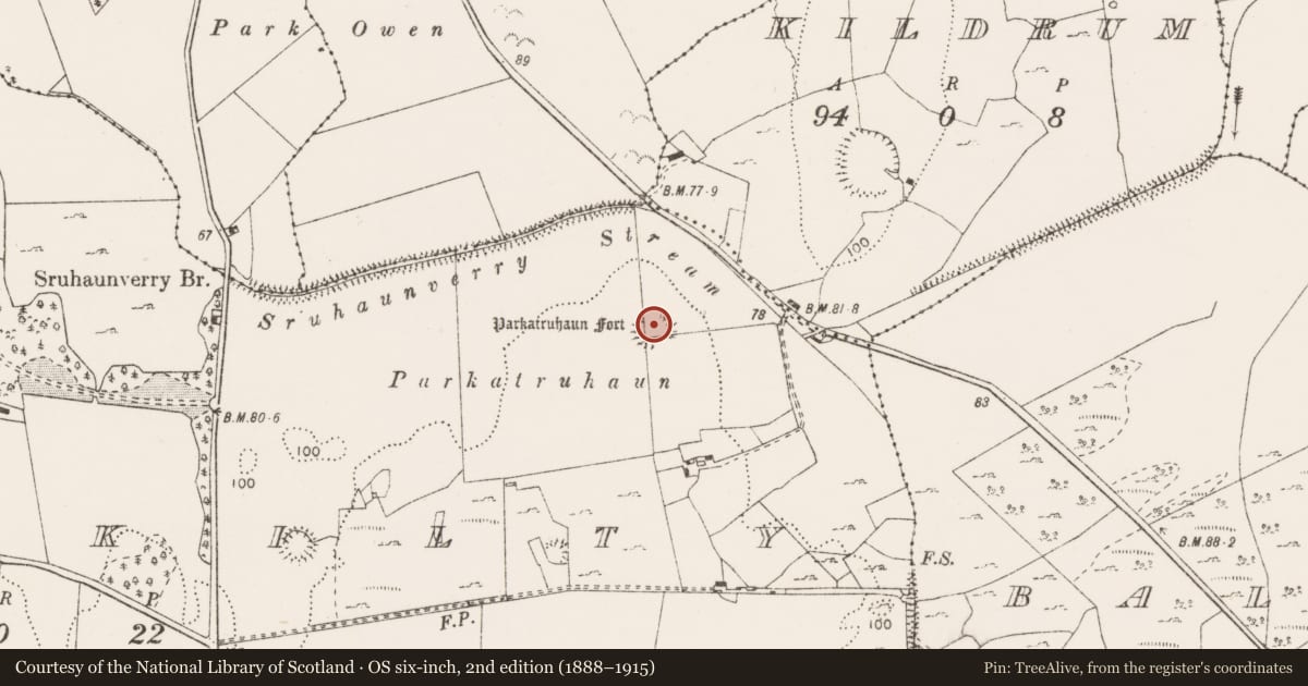 Ordnance Survey six-inch map, 2nd edition (1888–1915) covering the location of Enclosure, Ballykilty, County Clare, with a pin at the register's coordinates