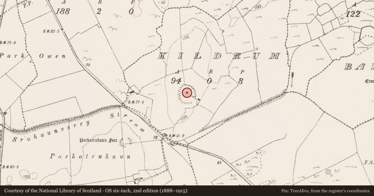 Ordnance Survey six-inch map, 2nd edition (1888–1915) covering the location of Hilltop enclosure, Kildrum, County Clare, with a pin at the register's coordinates