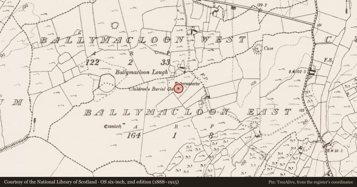 Ordnance Survey six-inch map, 2nd edition (1888–1915) covering the location of Children's burial ground, Ballymacloon East, County Clare, with a pin at the register's coordinates
