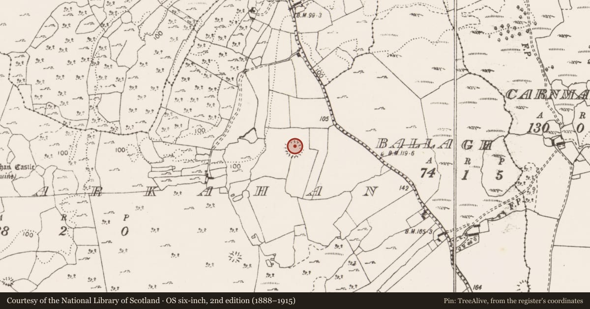 Ordnance Survey six-inch map, 2nd edition (1888–1915) covering the location of Enclosure, Ballymarkahan, County Clare, with a pin at the register's coordinates