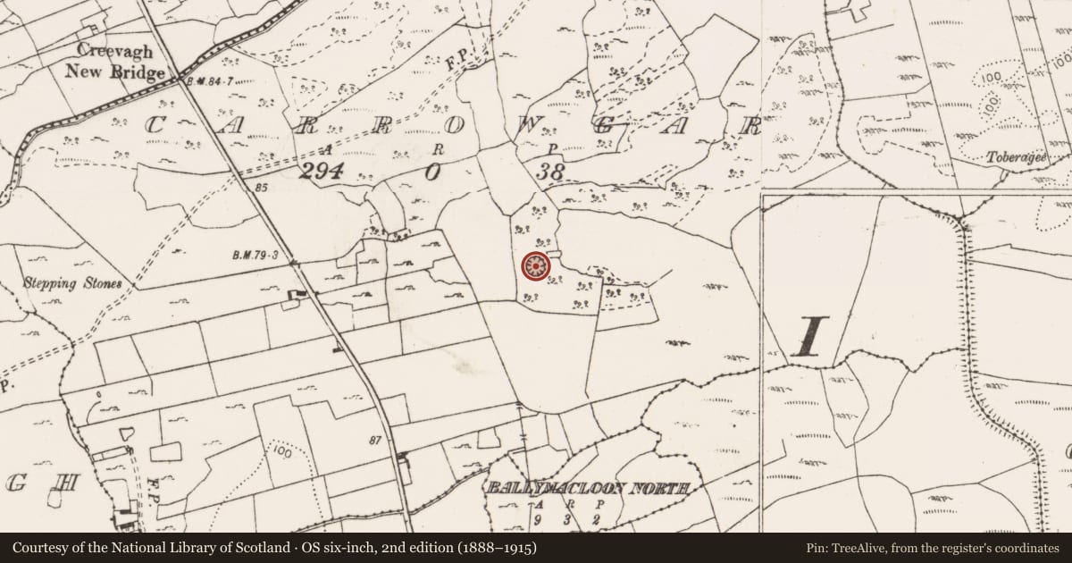 Ordnance Survey six-inch map, 2nd edition (1888–1915) covering the location of Enclosure, Carrowgar, County Clare, with a pin at the register's coordinates