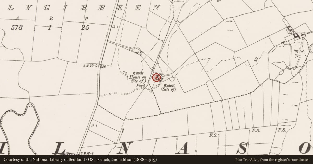 Ordnance Survey six-inch map, 2nd edition (1888–1915) covering the location of Castle - unclassified, Ballyconneely, County Clare, with a pin at the register's coordinates