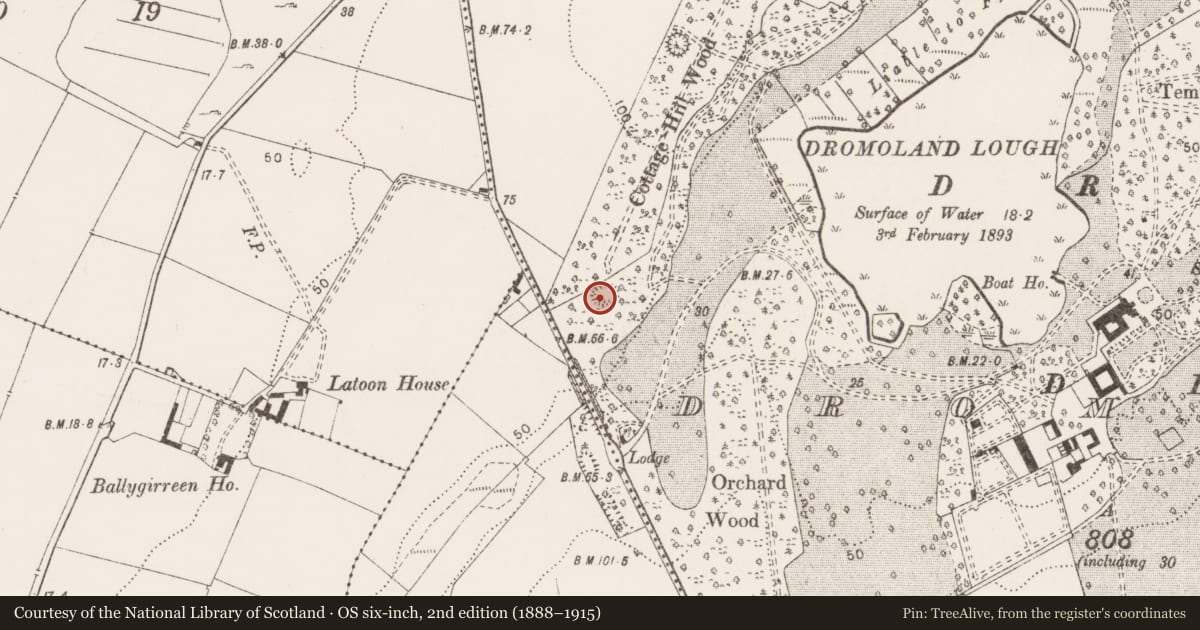 Ordnance Survey six-inch map, 2nd edition (1888–1915) covering the location of Ringfort - rath, Dromoland, County Clare, with a pin at the register's coordinates