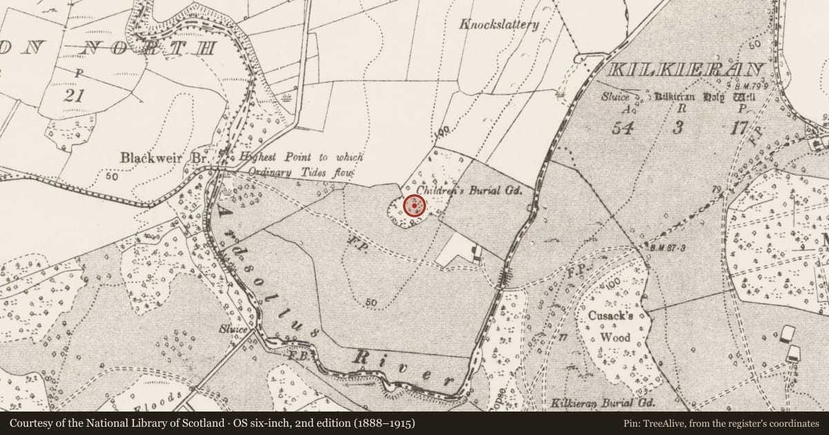 Ordnance Survey six-inch map, 2nd edition (1888–1915) covering the location of Children's burial ground, Castlefergus, County Clare, with a pin at the register's coordinates