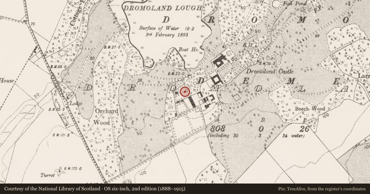 Ordnance Survey six-inch map, 2nd edition (1888–1915) covering the location of Gateway (present location), Dromoland, County Clare, with a pin at the register's coordinates