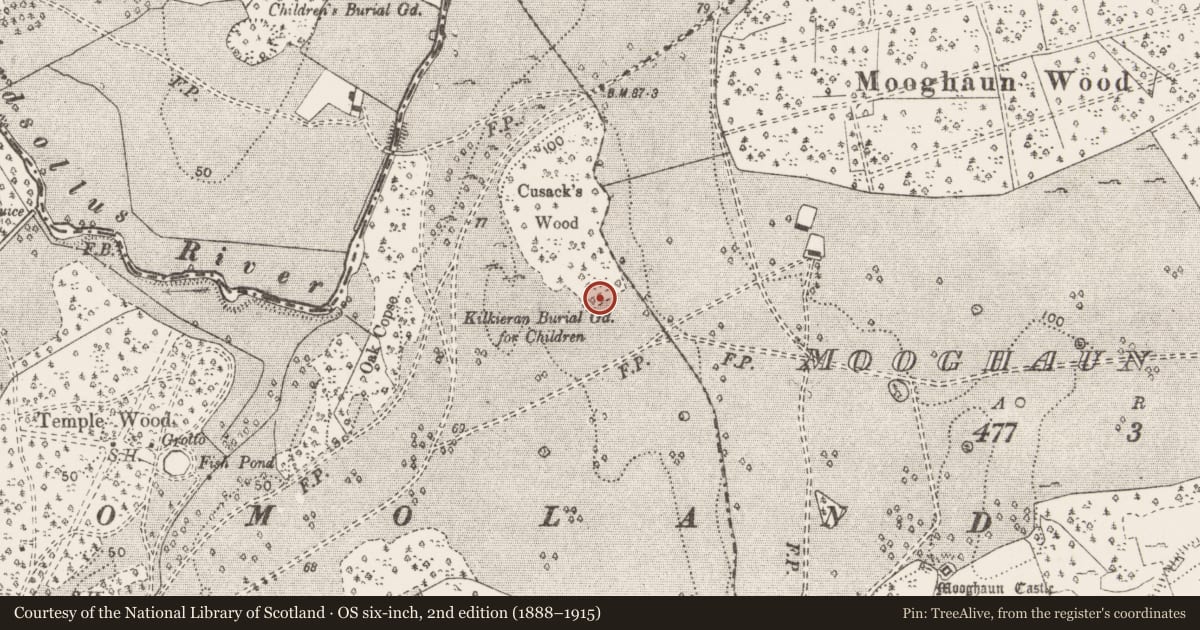 Ordnance Survey six-inch map, 2nd edition (1888–1915) covering the location of Children's burial ground, Dromoland, County Clare, with a pin at the register's coordinates